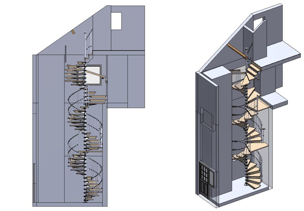 Triple flight spiral staircase CAD model